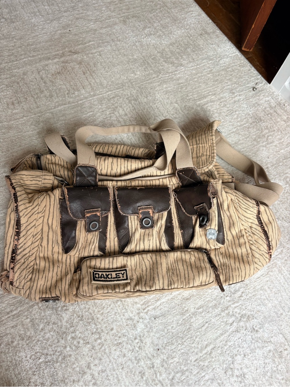 Oakley Tan and Dark Brown Striped Canvas Duffel